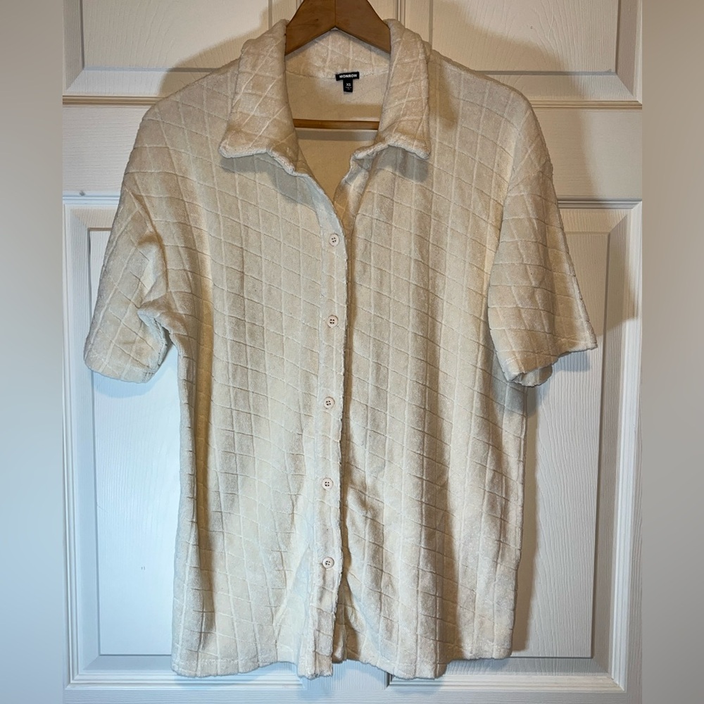 Monrow Cream Terry Cloth Button Down Shirt